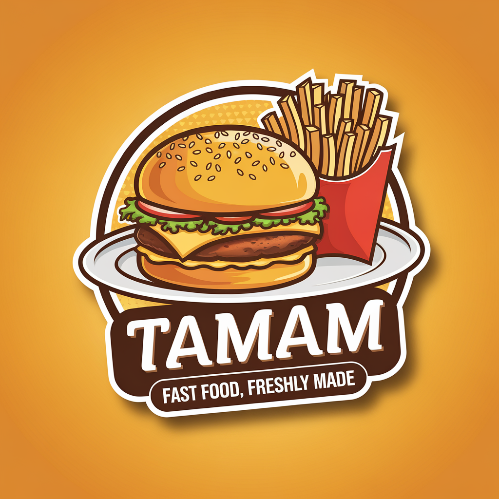 AI generated image by ideogram 2.0: A creative logo of a fast food diner called "TamAm". The logo features a golden burger with sesame seeds, a bun, and a side of french fries. The burger and fries are placed on a white plate. There is a tagline "Fast Food, Freshly Made" underneath the burger and fries. The background is a vibrant orange color.