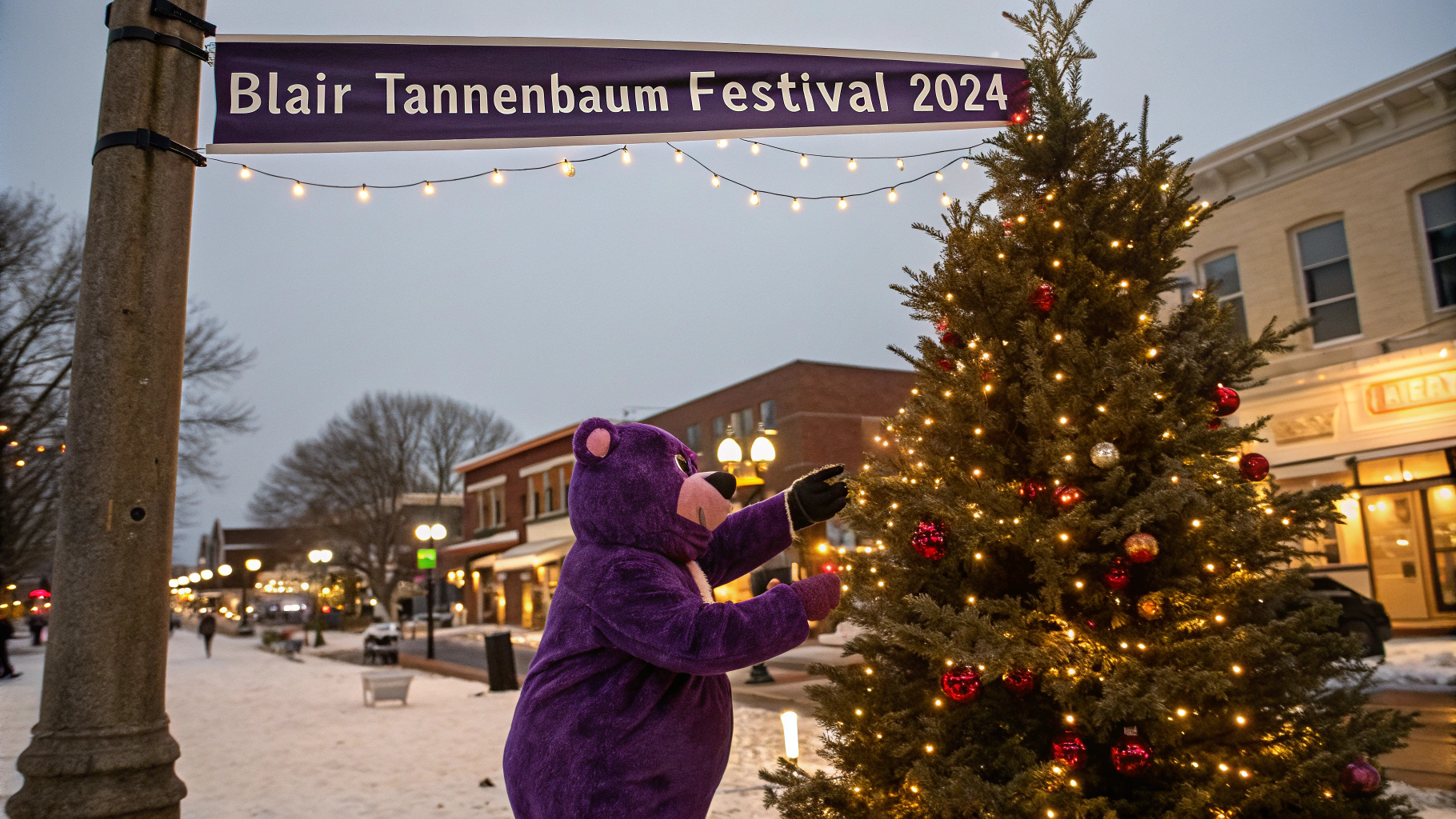 AI generated image by Red Panda AI: purple bear puts an ornament on a christmas tree.  this is in a town square in Blair, Nebraska. there is a banner that reads "Blair Tannenbaum Festival 2024"