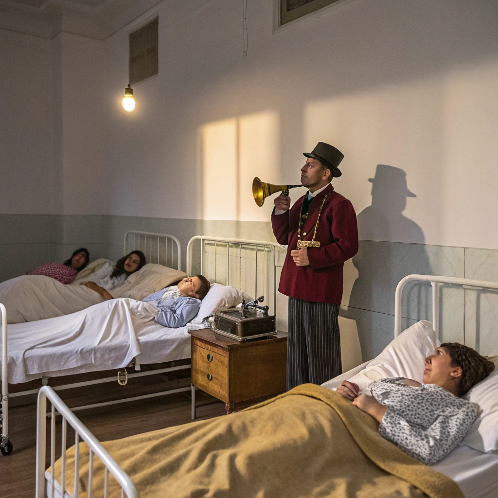 AI generated image by Red Panda AI: five patients are sleeping in an hospital room and a guy with rich clothes is standing in the middle of them with a gramophone playing a song