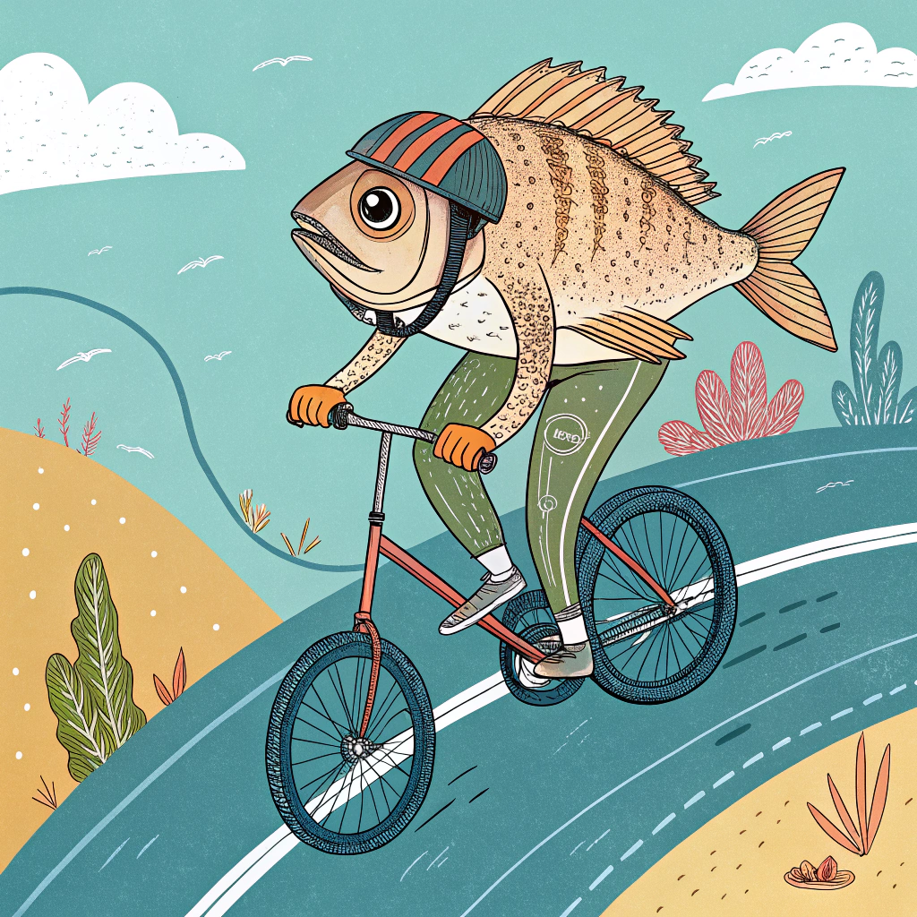 AI generated image by Red Panda AI: provide and image of a fish riding a bicycle