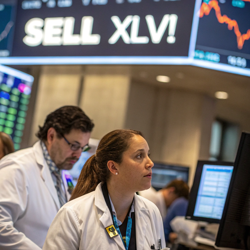 AI generated image by Red Panda AI: stock portfolio motif, professional health care workers, flashing sign says "SELL XLV!"