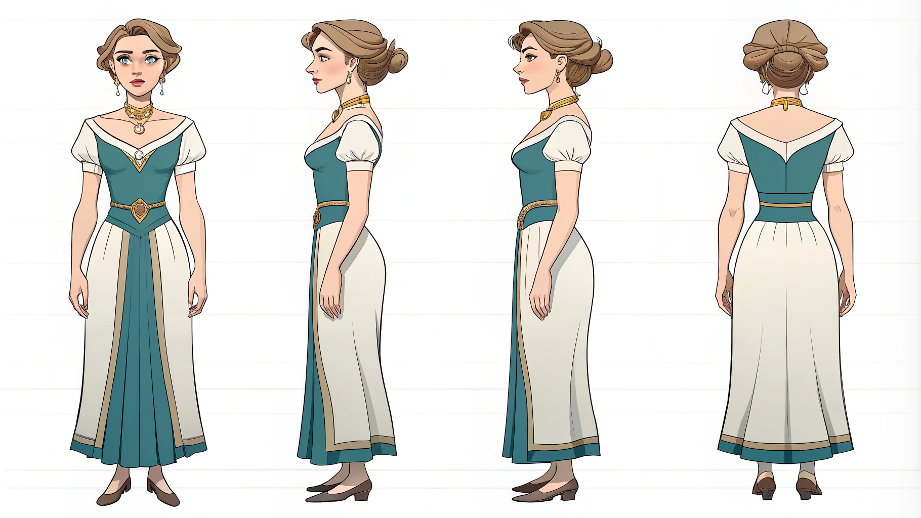 AI generated image by Red Panda AI: beautiful female game character design sheet (front, turn left, turn right, turn back)