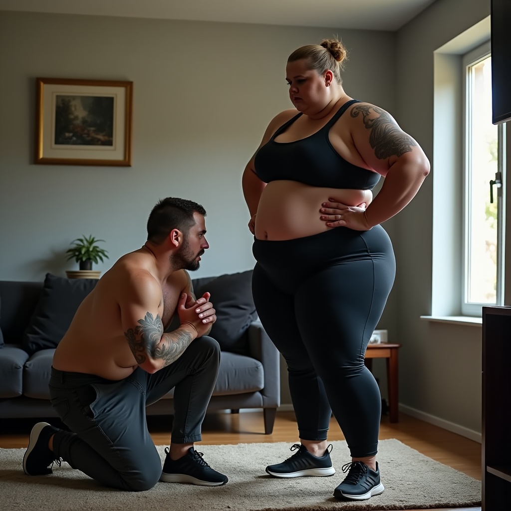 AI generated image by FLUX.1: massive busts lady very very tall  ,huge and large ass, huge thighs, ,  ,very fat arms  ,150 kg  ,large shoulders, big tits, very big muscle calves ,  hands on hips   that accentuates her powerful physique soc ,slave is kneeling before her ,   short haircut , sports Shirt ,  adidas shoes , Skinny Workout Pants
adidas shoes   jeans ,   implying a strong sense of control and authority, , cruel , Full body side view biside, possibly with tattoos or scars, hinting at a complex personality, office  , looking down , angry face ,  open legs
 side view,  in an modern living room as her subordinated rightless tall slave is standing  before her, he is slapped  low view down to up