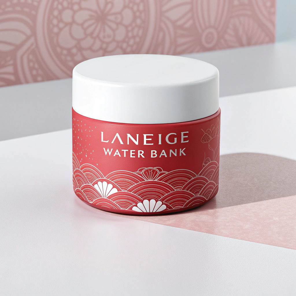 AI generated image by Red Panda AI: 3D render of a rounded-corner cubic cosmetic container inspired by Laneige Water Bank, but in a low-saturation red-white hue. The midsection opening is defined by an ultra-thin, nearly invisible seam. Incorporate a subtle pattern of Chinese classical beauties across the surface to lend an elegant, cultural flair, while maintaining a youthful and minimal design. Use clean white typography for brand and product details, with soft lighting and a simple background to emphasize the refined shape and muted color palette.
