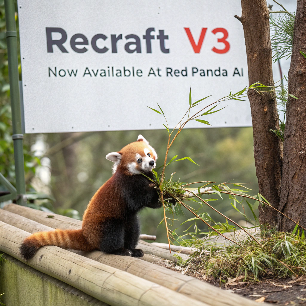 AI generated image by Red Panda AI: a red panda eating a bamboo in front of a poster that says "recraft V3 now available at red panda ai