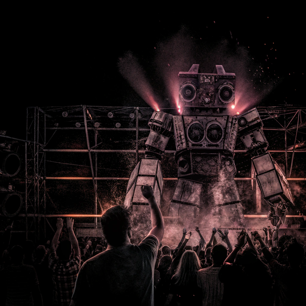 AI generated image by FLUX.1-schnell: giant robot sound system destroy a free party, punk and ravers are dancing or fleeing the scene by night