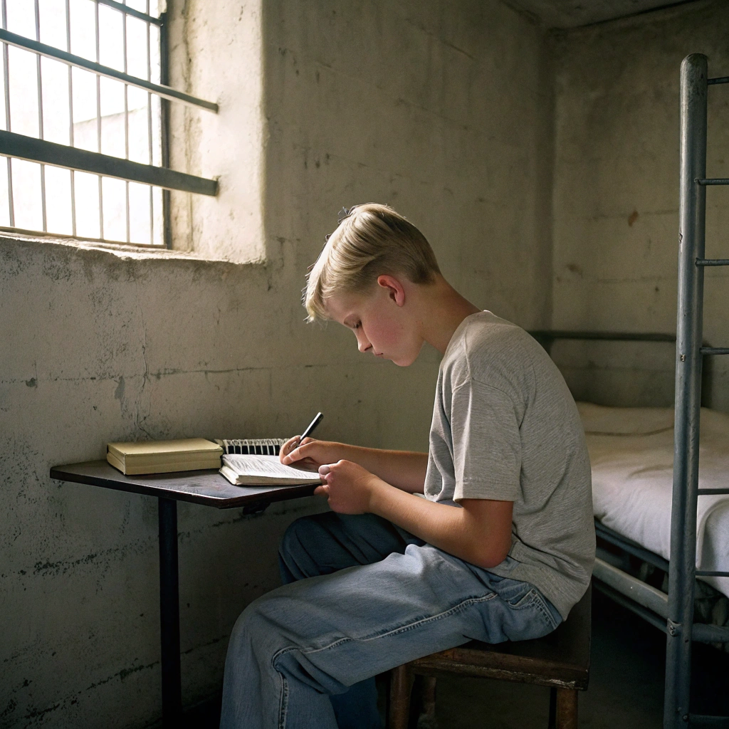 AI generated image by Red Panda AI: un niño de 14 años rubio escribiendo un libro en la carcel
