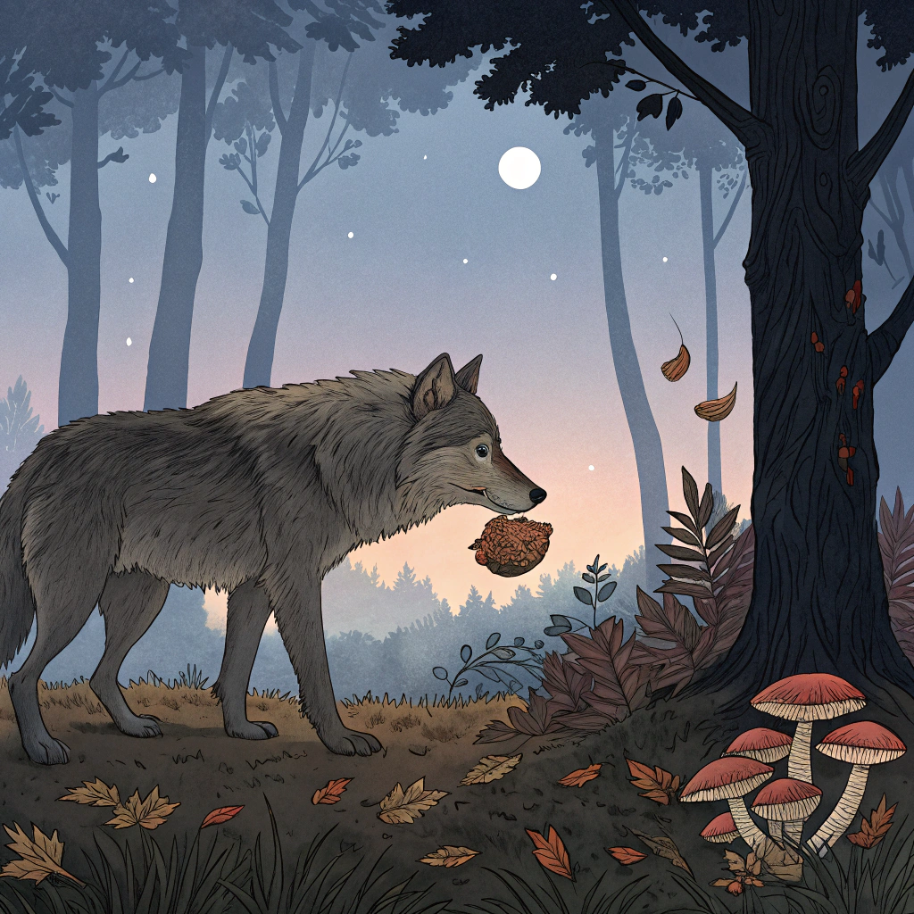 AI generated image by Red Panda AI: Un loup dans une forêt à la nuit tombante qui ramasse des champignons.