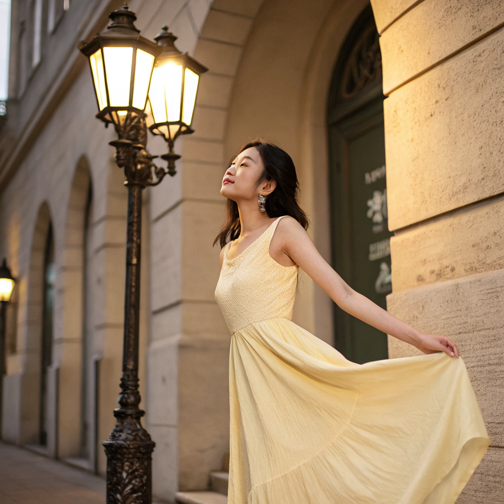 AI generated image by Red Panda AI: Portrait photography of a pure Chinese girl in a light yellow fitted dress, with a textured look, under a street lamp, with soft lighting, 8K, best image quality.