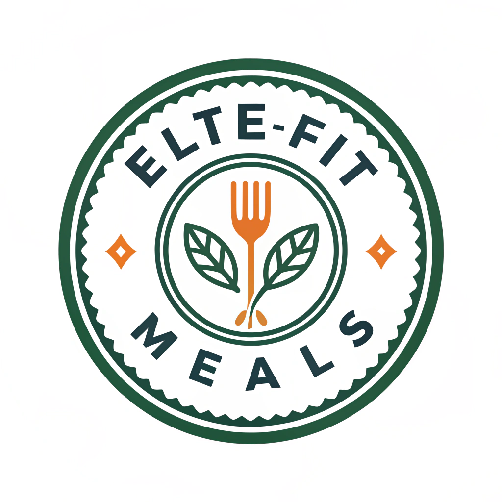 AI generated image by Red Panda AI: Create a modern circular emblem/seal logo for 'Elite-Fit Meals'. Use a clean, minimal design with forest green (#2E6B41) and vibrant orange (#FF6B35) as primary colors. The text should be arranged in a circular pattern around the edge of the seal. In the center, incorporate a simplified icon combining a leaf and a fork symbol that can work as a standalone isotipo. The design should have subtle gradient effects and minimal white space within the seal. The overall style should feel premium yet approachable, suggesting healthy, high-quality meals. Include thin decorative lines and small geometric elements between text sections. The typography should be a combination of a strong sans-serif font for 'ELITE-FIT' and a more elegant serif font for 'MEALS'. Add small dots or stars as separators between words. The entire design should work well both in large and small sizes, maintaining readability.