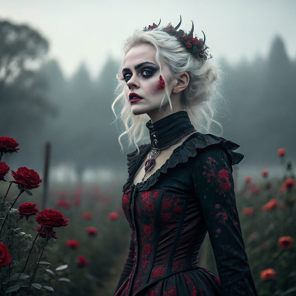 AI generated image by FLUX.1-schnell: Persephone, full body potrait of a photorealistic beautiful white hair seductress, devilish, messy hair, in a dark garden, hell, gloomy, exotic black and red vilain dress, choker style colar, blood color eyes, detailed face, goth, full body, dark fantasy, bloody flowers, overcast, foggy