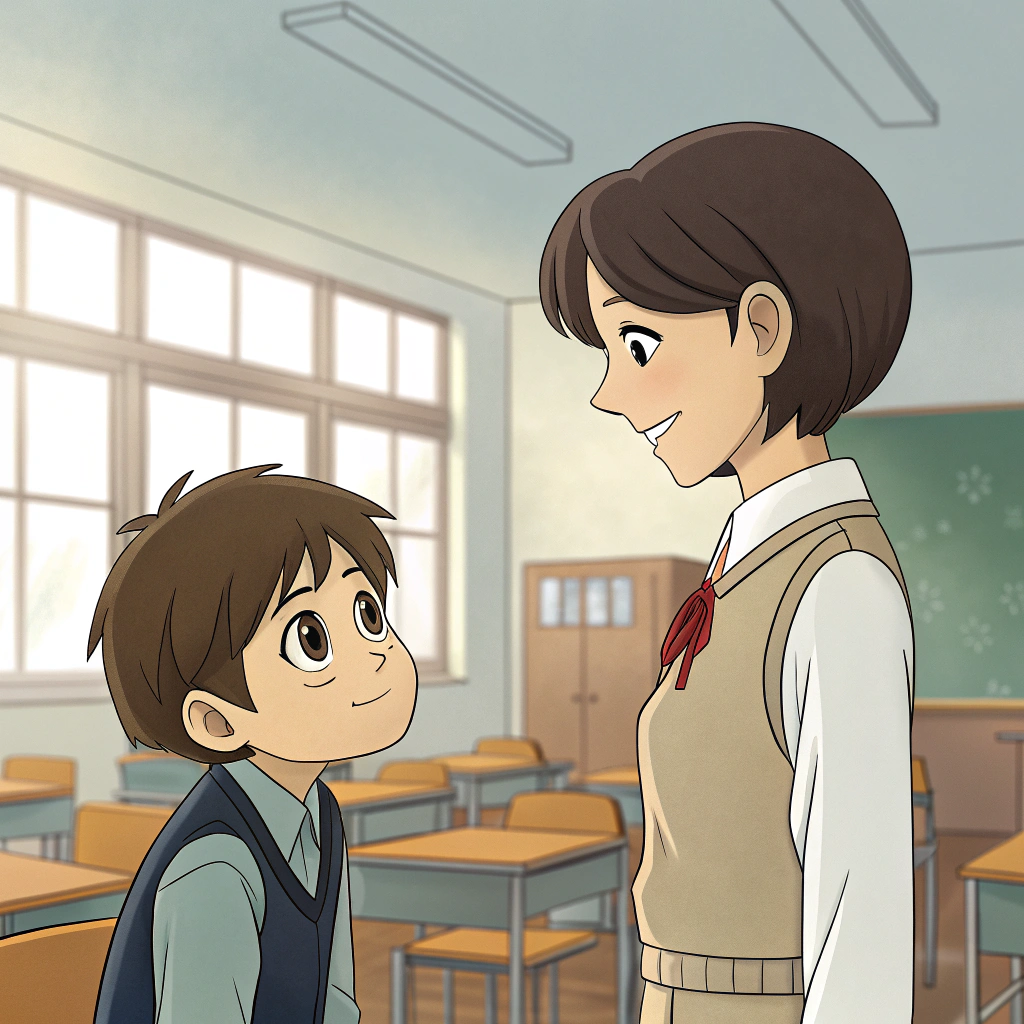 AI generated image by Red Panda AI: Un chico tímido intentando presentarse en un aula de clases al lado de su maestradibujo medio anime

