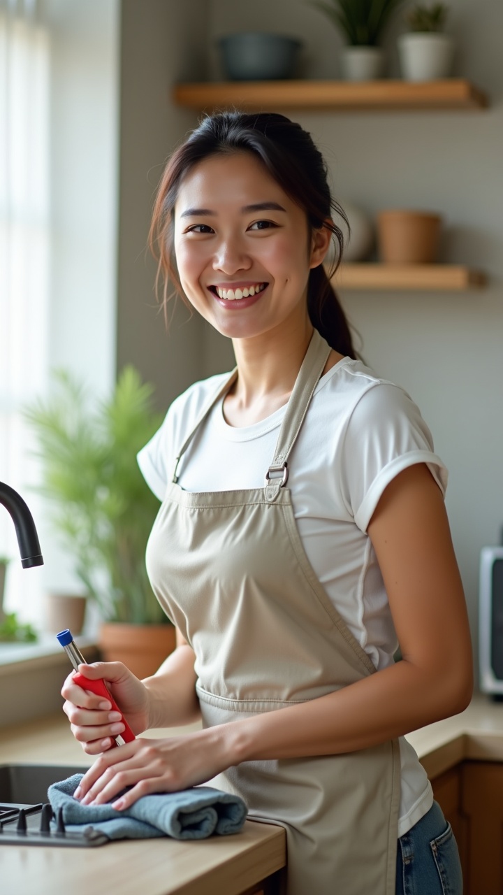 AI generated image by FLUX.1: "A realistic photo of a beautiful and attractive Filipina housemaid in her late twenties, showcasing clear, natural Filipino facial features with an authentic and relatable appearance. She has a well-proportioned and attractive physique, neither too slim nor overweight. She is wearing a clean, professional housekeeping uniform with a wide, loose-fitting apron, and she is not wearing any head covering. The housemaid is actively engaged in cleaning tasks, holding a recognizable kitchen tool in her hands, such as a dishcloth or a spray bottle. The scene is indoors in a bright, tidy home, shot from a distant angle to capture both her and the full environment. The atmosphere is cheerful and natural, highlighting her joyful expression while working, with no artificiality in her demeanor."