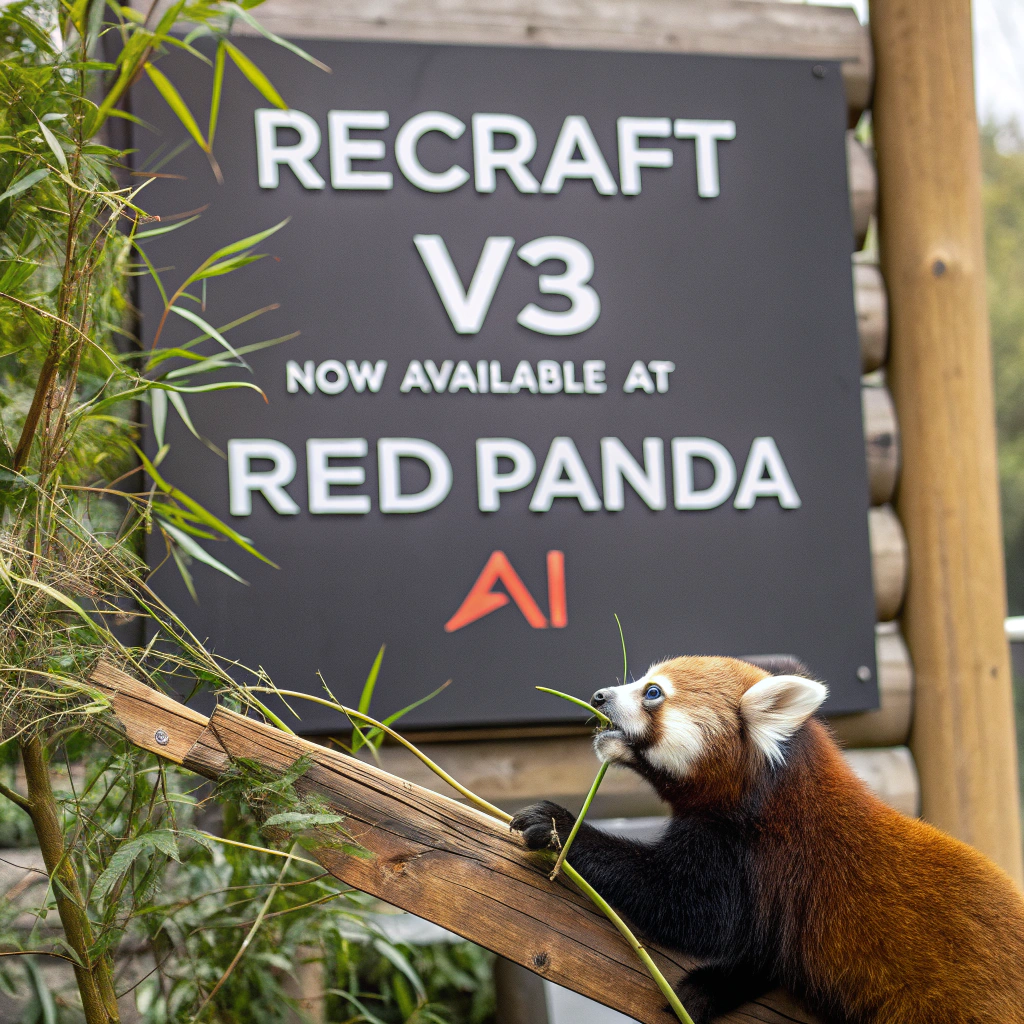 AI generated image by Red Panda AI: a red panda eating a bamboo in front of a poster that says "recraft V3 now available at red panda ai
