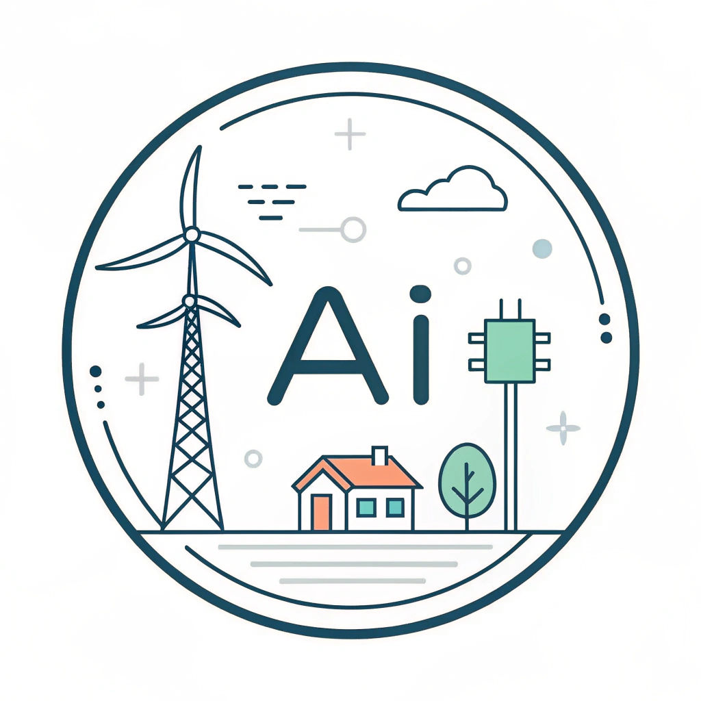 AI generated image by Red Panda AI: 帮我以“AI”为主题设计一个logo，要融合电力系统方面的内容，可以将I这个字母改成电线杆或者风机，风格是扁平化的，整体是圆形的logo