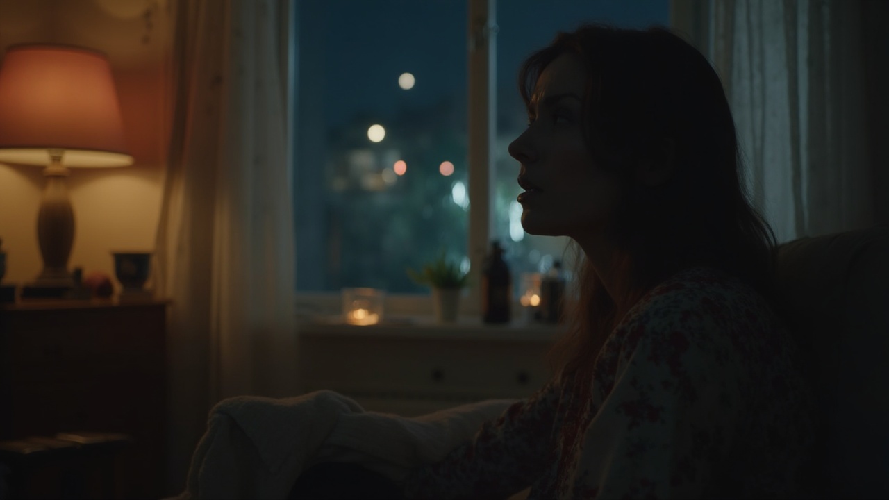 AI generated image by FLUX-Realism-Lora: Image of a beautiful woman sitting in her living room at night with the lights off. Looking out of her open window. She has a worried look on her face as she thinks about a decision she has to make