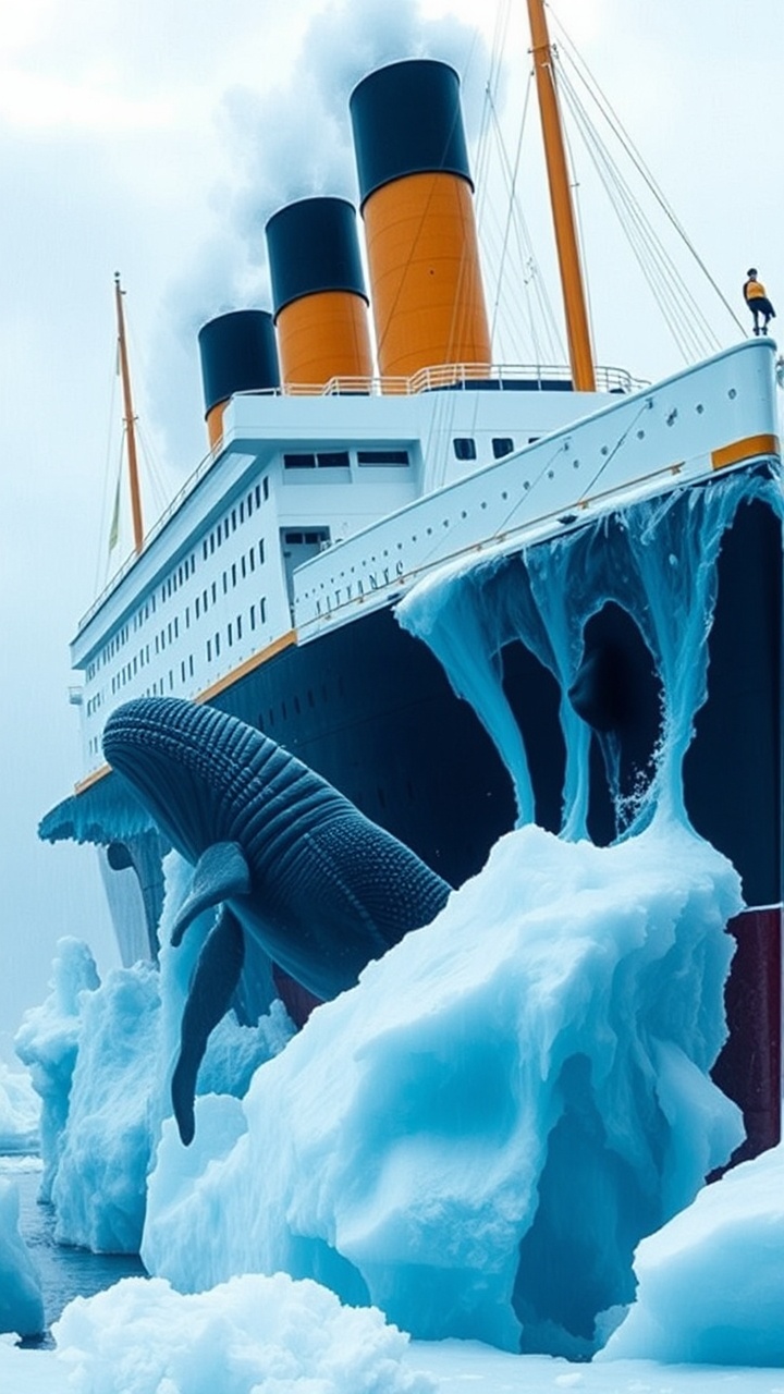 AI generated image by FLUX.1-schnell: titanic ship accident ice block with whale
