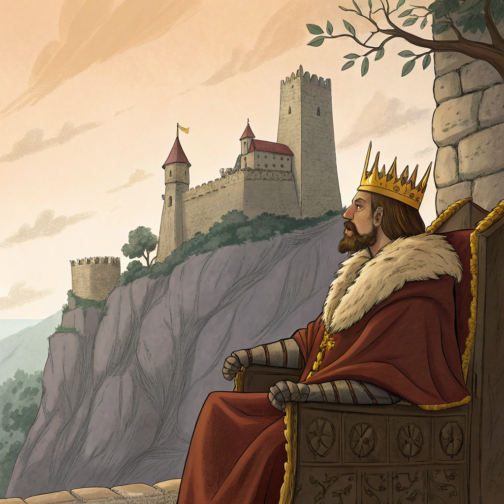 AI generated image by FLUX.1-schnell: create for me a picture of a king with a crown on his head who is covered with a blanket, behind which a castle stands on a cliff like the old city of Srebrenik