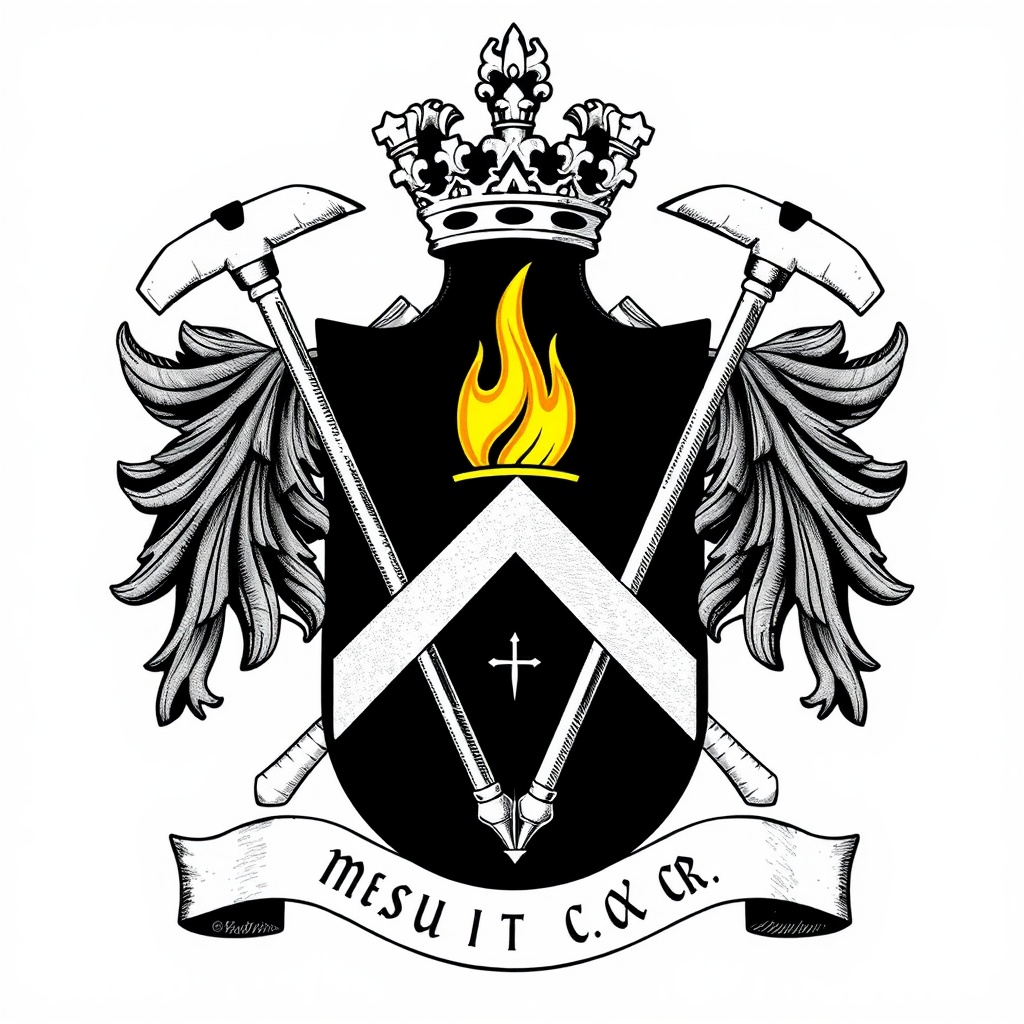 AI generated image by FLUX.1-schnell: You are an expert heraldic artist with a wealth of knowledge in designing intricate coats of arms. Your experience spans over 15 years, and you have a keen eye for detail, ensuring that each element of the coat of arms tells a story representing the individual’s achievements and values.

Your task is to draw a detailed British coat of arms for Sir Ronald Holroyd, a Knight Bachelor. Incorporate the following elements into your design:

The shield should have a background colour of sable (black), representing both the coal mining industry central to his career and the depth of his contributions to science and technology. Central to the shield, include a flaming torch or furnace in gold (Or), symbolising fuel technology and scientific enlightenment, alongside crossed pickaxes in argent (silver) to signify the coal mining industry of South Yorkshire, where Holroyd began his journey. Add a fess of argent running through the centre to represent his straightforward and logical approach to work, with smaller charges of alchemical symbols related to hydrogenation above or below the fess to signify his key research contributions.

For the crest, feature a left-facing demi-griffin emerging from a wreath of the principal colours to symbolise vigilance, strength, and guardianship, reflecting Sir Ronald's protective nature over his field of expertise and his leadership during wartime. 

Include supporters for the coat of arms: a lion in Or on the left to symbolise courage and strength, reflecting his industrial and scientific leadership, and an eagle in argent on the right to represent vision and pioneering spirit in research and innovation.

Incorporate the motto "Veritas Per Scientiam", meaning "Truth Through Science", to symbolise his commitment to discovering and refining scientific truths in his work with coal and hydrogenation technologies. 

For the mantling, use sable (black) and argent (silver), draping down from the helmet. Finally, depict the helmet closed and in profile to indicate his status as a Knight Bachelor.