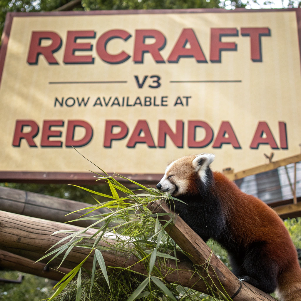 AI generated image by Red Panda AI: a red panda eating a bamboo in front of a poster that says "recraft V3 now available at red panda ai