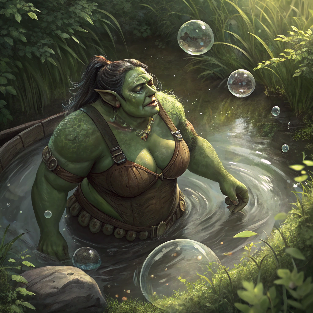 AI generated image by Red Panda AI: A large and muscular green skinned orc woman woman farts while bathing in a swamp pond, causing several large bubbles to float in the pond behind her. Overhead view. 