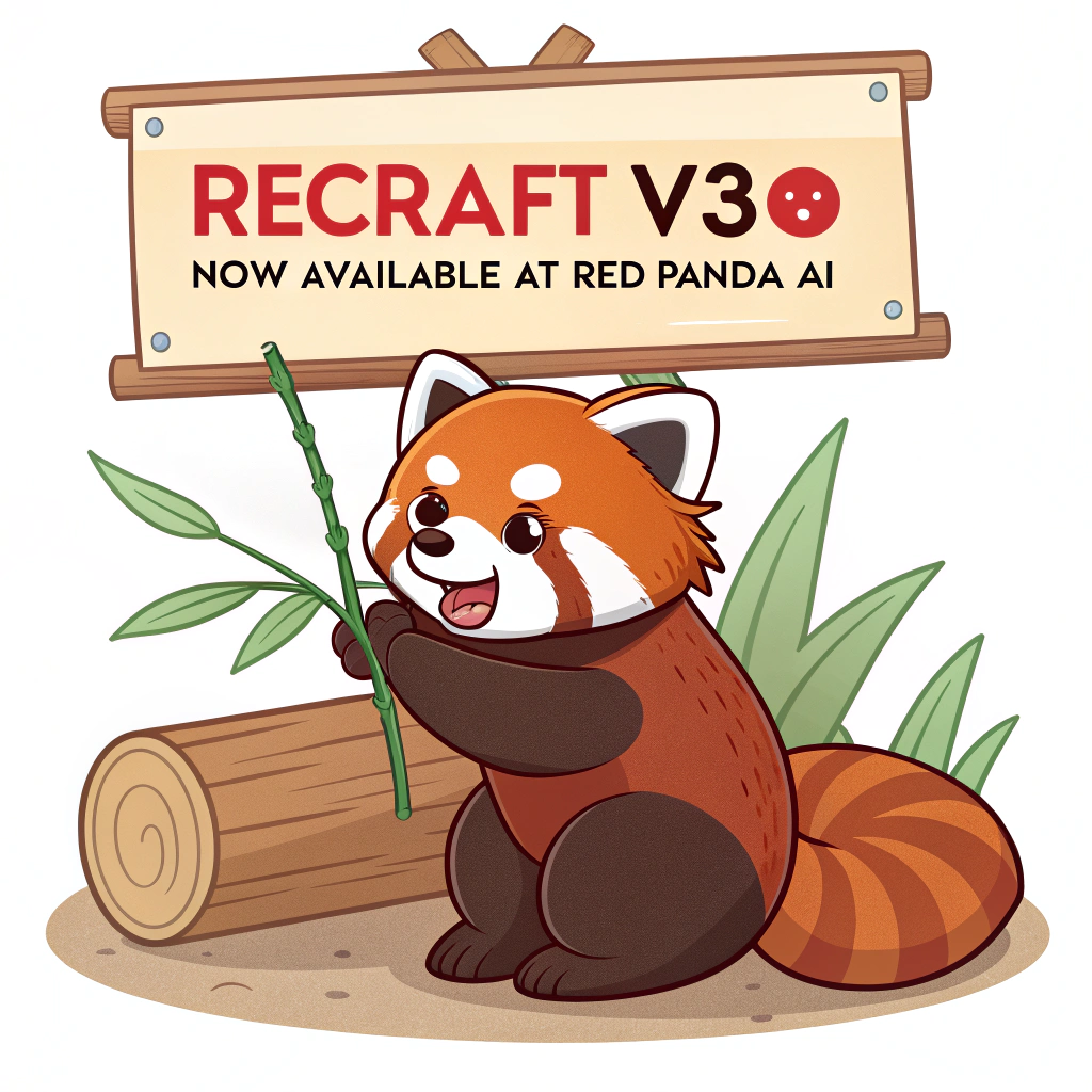 AI generated image by Red Panda AI: a red panda eating a bamboo in front of a poster that says "recraft V3 now available at red panda ai