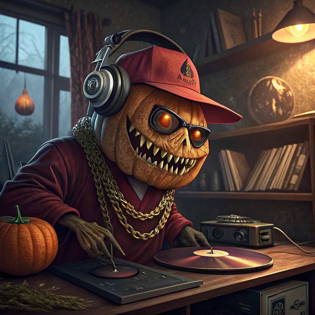 AI generated image by FLUX.1-schnell: scary halloween pumpkin dressed as an old school hip-hop DJ