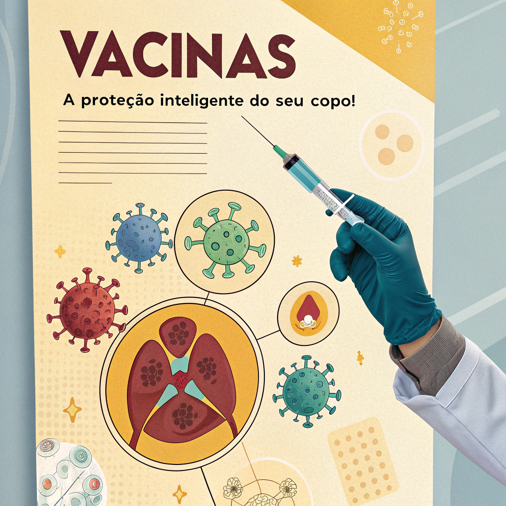 AI generated image by Red Panda AI:  Vacinas: A Proteção Inteligente do Seu Corpo! 💉

As vacinas são como um "treinamento" para o nosso sistema imunológico. Elas nos preparam para enfrentar doenças infecciosas ao simular a presença do vírus ou bactéria — só que de forma segura e controlada! 

Como isso funciona? Quando tomamos uma vacina, nosso corpo aprende a identificar e combater o agente infeccioso. Assim, se o "inimigo" real aparecer, nossa defesa é acionada rapidamente, evitando que a doença se desenvolva ou reduzindo seus impactos.

A saúde está em suas mãos! Não deixe de vacinar e garantir uma vida mais segura e protegida.