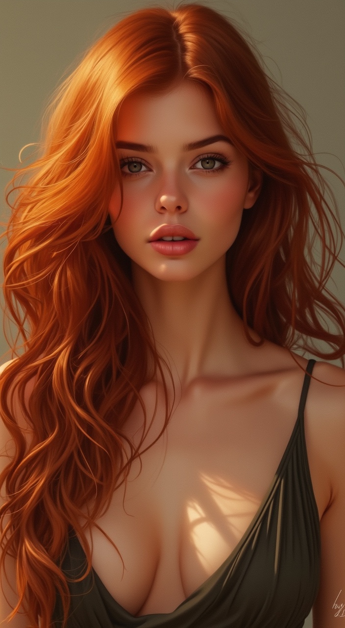 AI generated image by FLUX.1-pro: A **gorgeous digital painting** of a **stunning woman with long, fiery red hair**, flowing in soft waves around her shoulders. Her **olive-toned skin** is rendered in **hyper-realistic detail**, glowing with natural warmth and smooth, painterly textures. She wears a stylish **top that subtly frames her neckline**, combining elegance with modern flair.