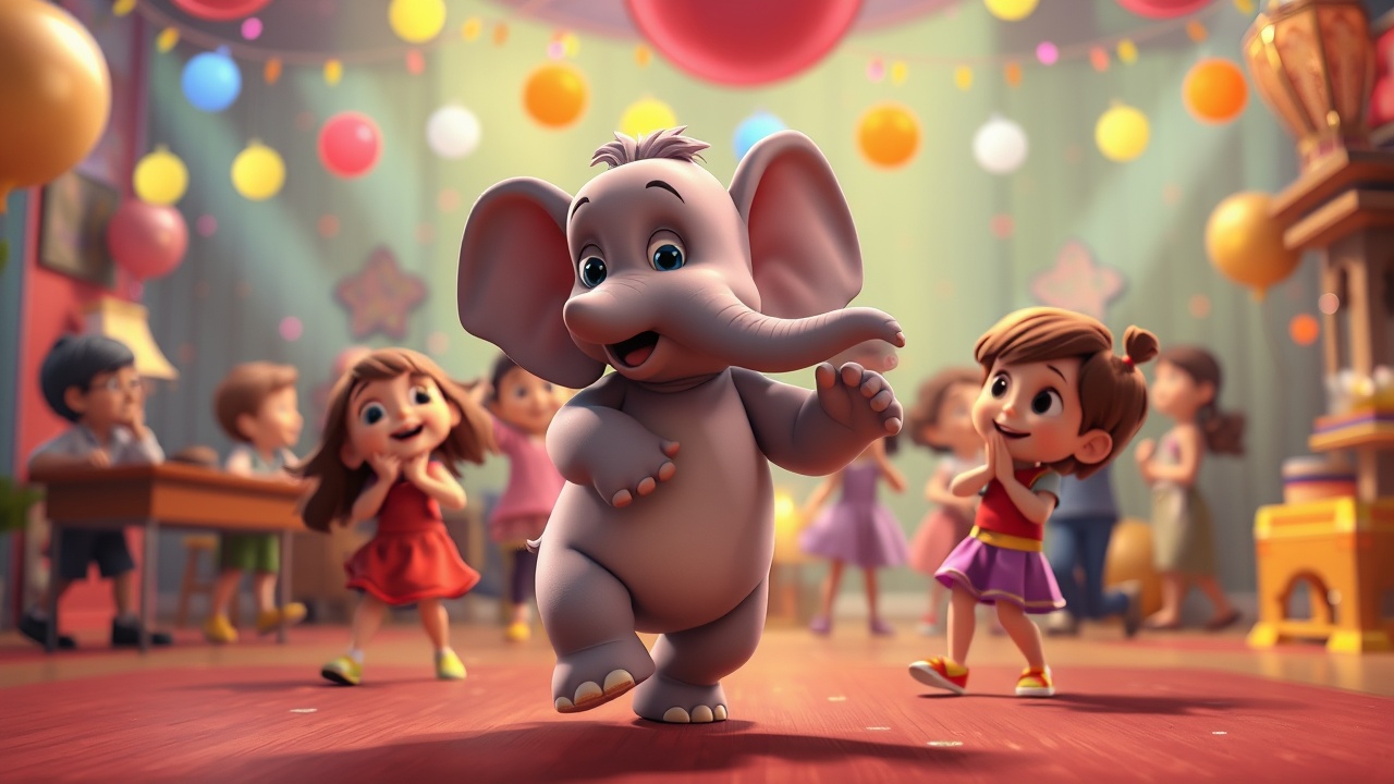 AI generated image by FLUX.1-schnell: Pixar Style — baby elephant dancing side to side with fun movements, kids joyfully copying, colorful lights in the background, lively party atmosphere, vibrant 3D animated setting