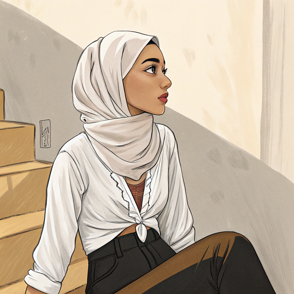 AI generated image by Red Panda AI: بنت بملامح مصرية محجبة ترتدي حجاب تقليدي ترتيدي بلوزه بيضاء مفتوحة الازرار من اعلي يظهر تفاصيل صدرها ولا ترتدي شئ تحت تظهر تفاصيل ساقيها بالكامل 