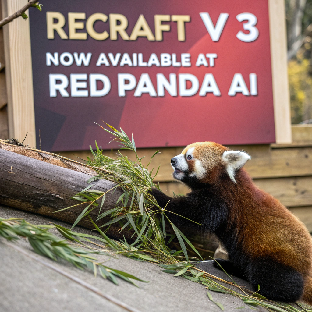 AI generated image by Red Panda AI: a red panda eating a bamboo in front of a poster that says "recraft V3 now available at red panda ai