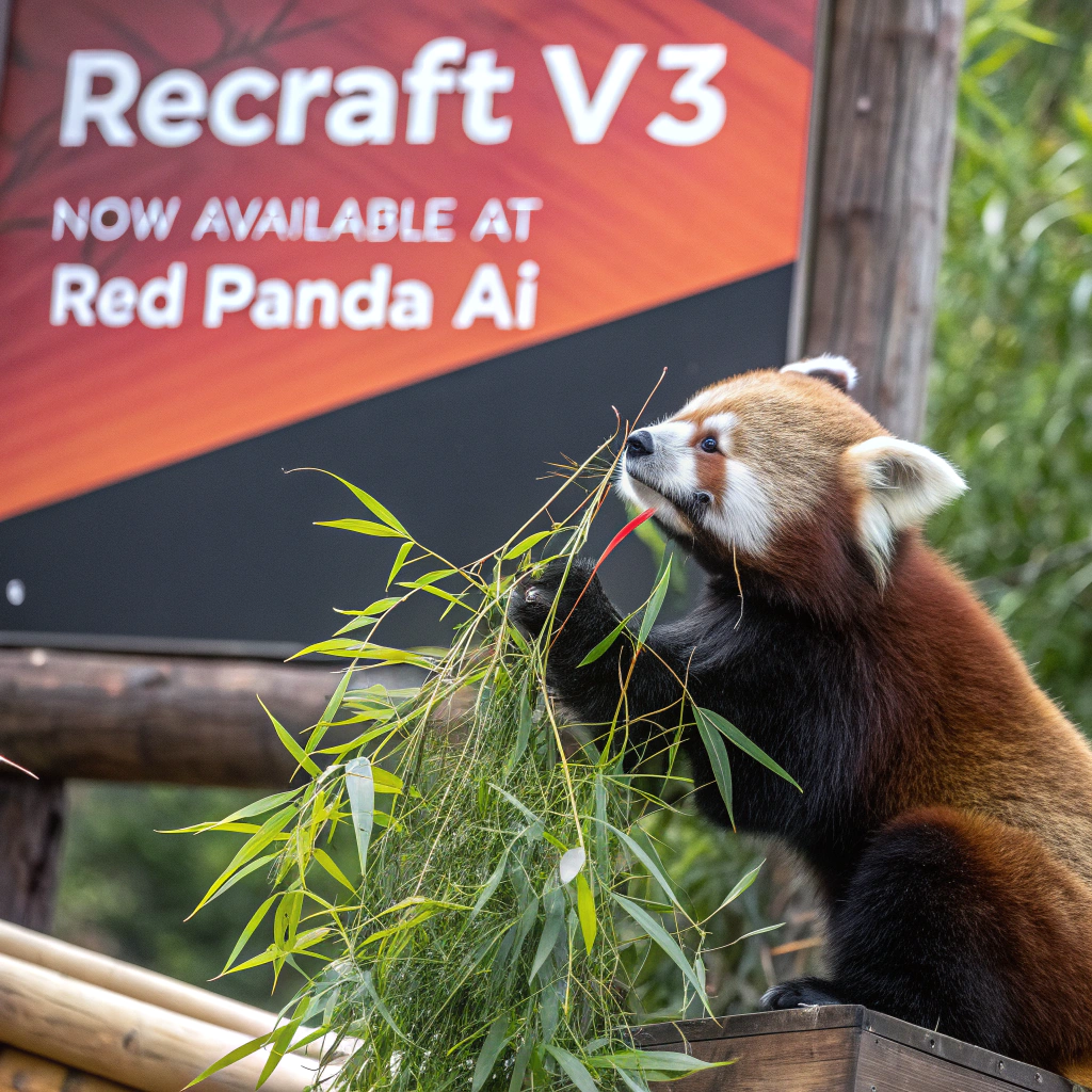 AI generated image by Red Panda AI: a red panda eating a bamboo in front of a poster that says "recraft V3 now available at red panda ai