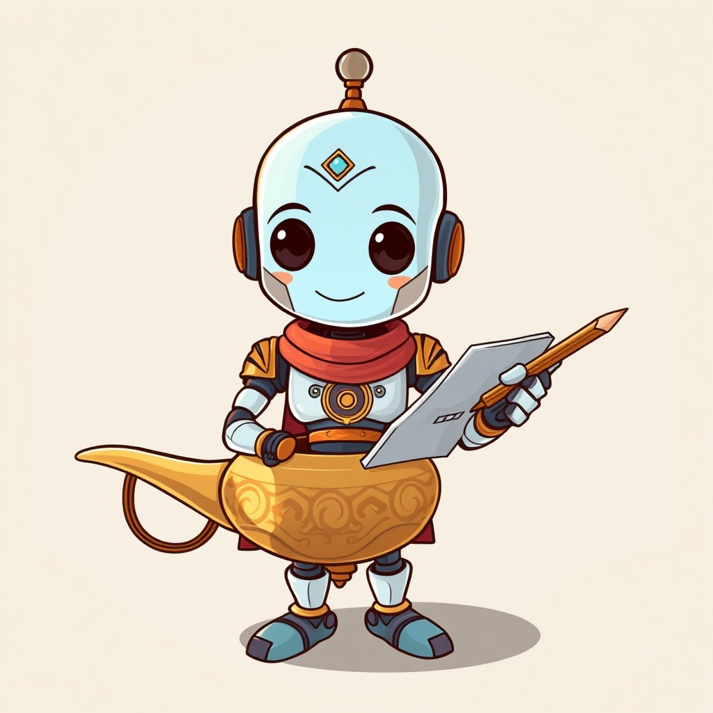 AI generated image by FLUX.1-schnell: Draw a cartoon character that looks part robot and part genie like the Alladin genie mixed with a robot. Make him look like an ai robot slash genie coming out of a genie lamp with a notepad and pencil in his hand for taking notes.