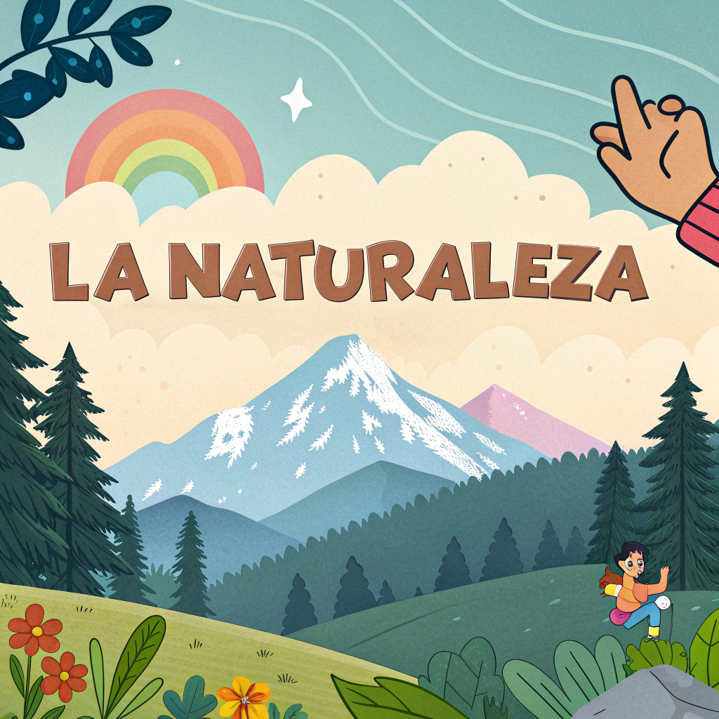 AI generated image by Red Panda AI: LA NATURALEZA CON CERRO BORDES GRUESOS de fondo, FORMA ANIMADAS, COLORES PUROS SIN SOMBRAS, un diseño agradable e infantil con la mano de Dios en un costado derecho superior abierta y hacia abajo