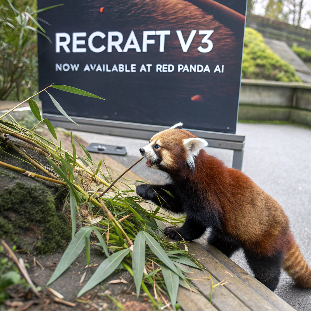 AI generated image by Red Panda AI: a red panda eating a bamboo in front of a poster that says "recraft V3 now available at red panda ai