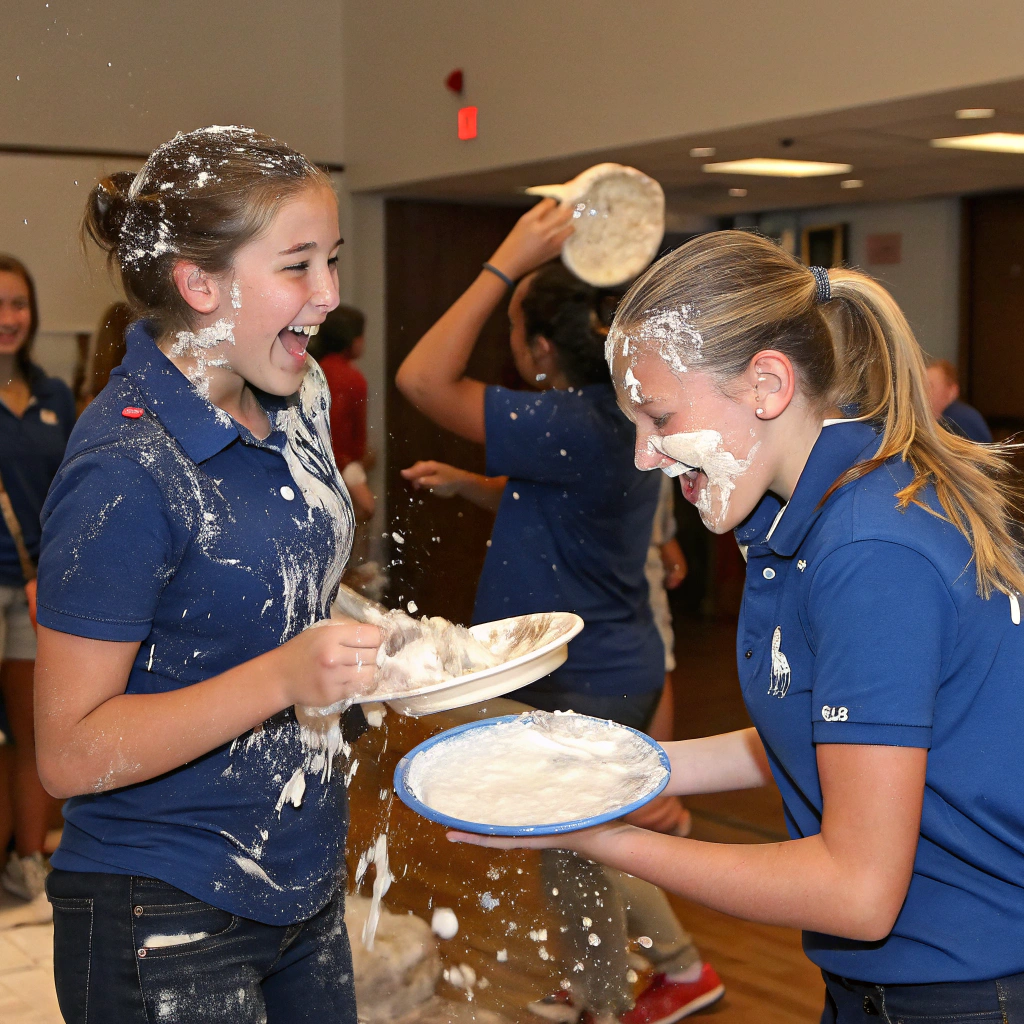 AI generated image by Red Panda AI: teen girls in ralph lauren polo shirts in a messy cream pie fight