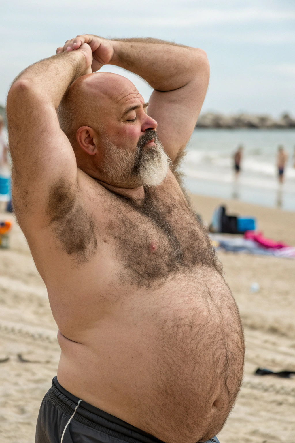 AI generated image by Red Panda AI: a bulky and slightly overweight 50 year old hirsute dad at the beach stretching. Man has heavy amount of body hair, hairy chest pattern, expanding his bloated heavy bearded-belly, bald head, brown and white goatee