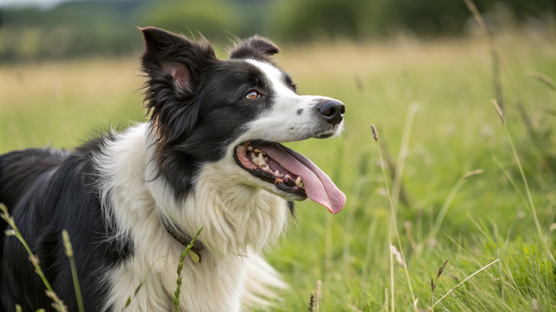 AI generated image by FLUX.1-schnell: Black and white dog that has his tongue hanging out and looks happy border collie