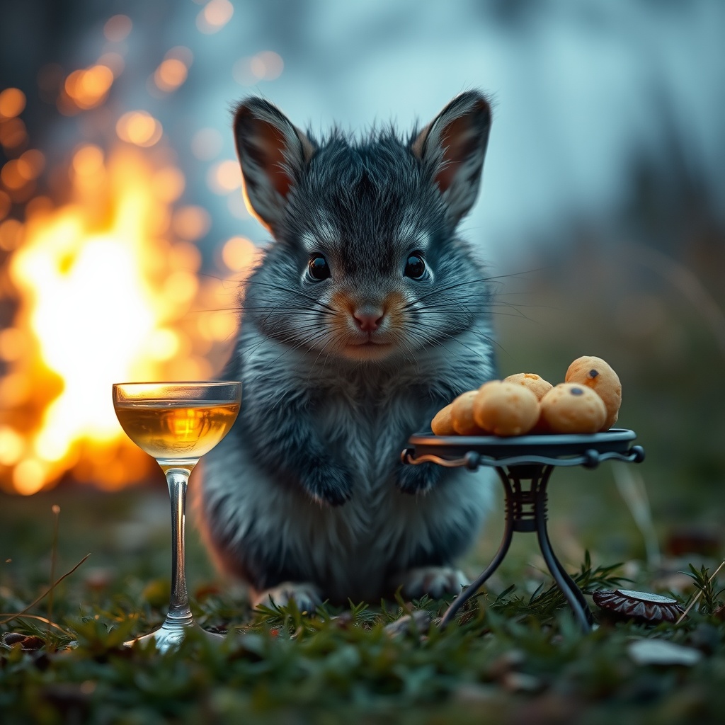 AI generated image by FLUX.1-schnell: Ein Kaninchen mit dunkelgrauem Fell sitzt auf einer Wiese. Daneben steht ein kleiner Tisch gedeckt mit einem Cocktail und Knabbersachen. Im Hintergrund explodiert ein Feuerwerk. Deshalb schaut das Kaninchen ängstlich in die Kamera