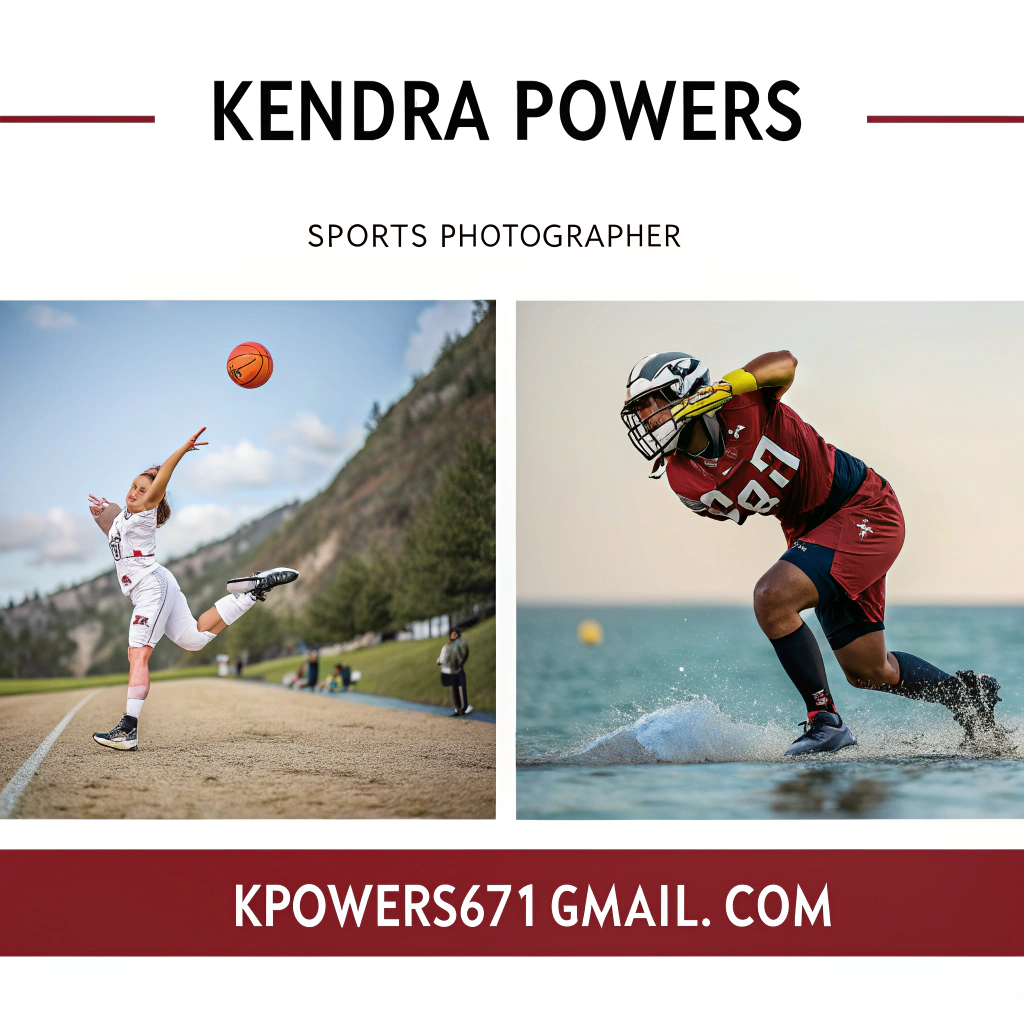 AI generated image by Red Panda AI: masthead for a photographer.  Include "Kendra Powers" and the email address kpowers671@gmail.com - sports photographer is the motif