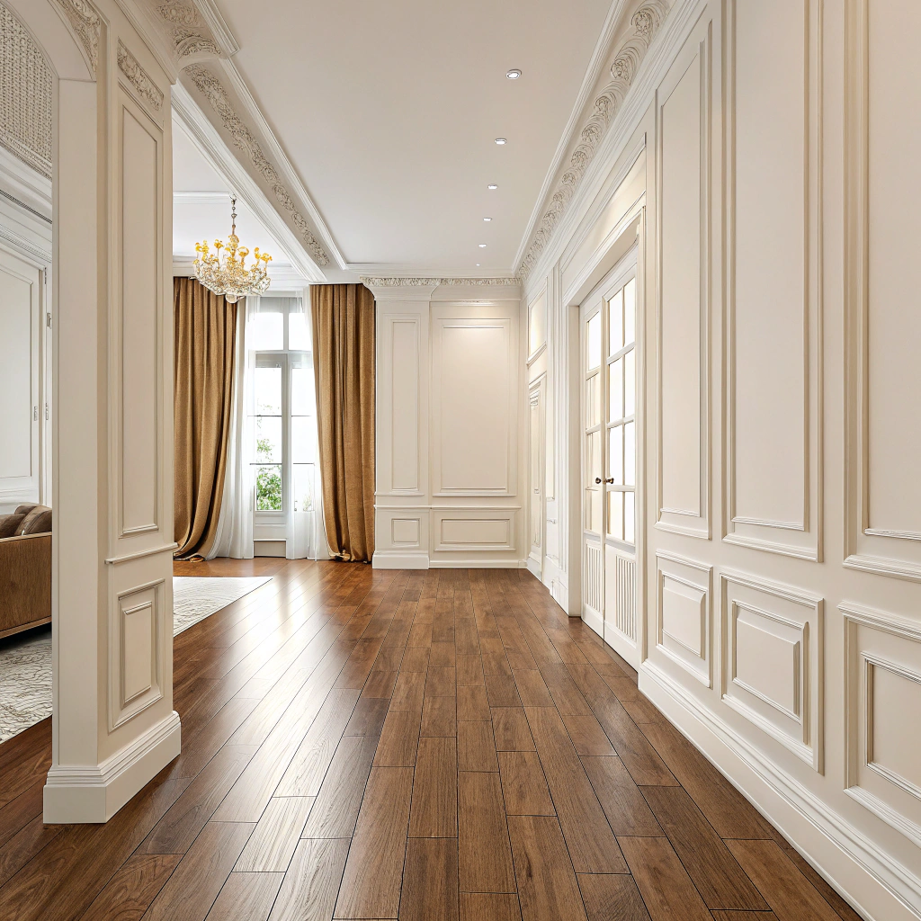 AI generated image by Red Panda AI: piso de madera y pared blanco con beig