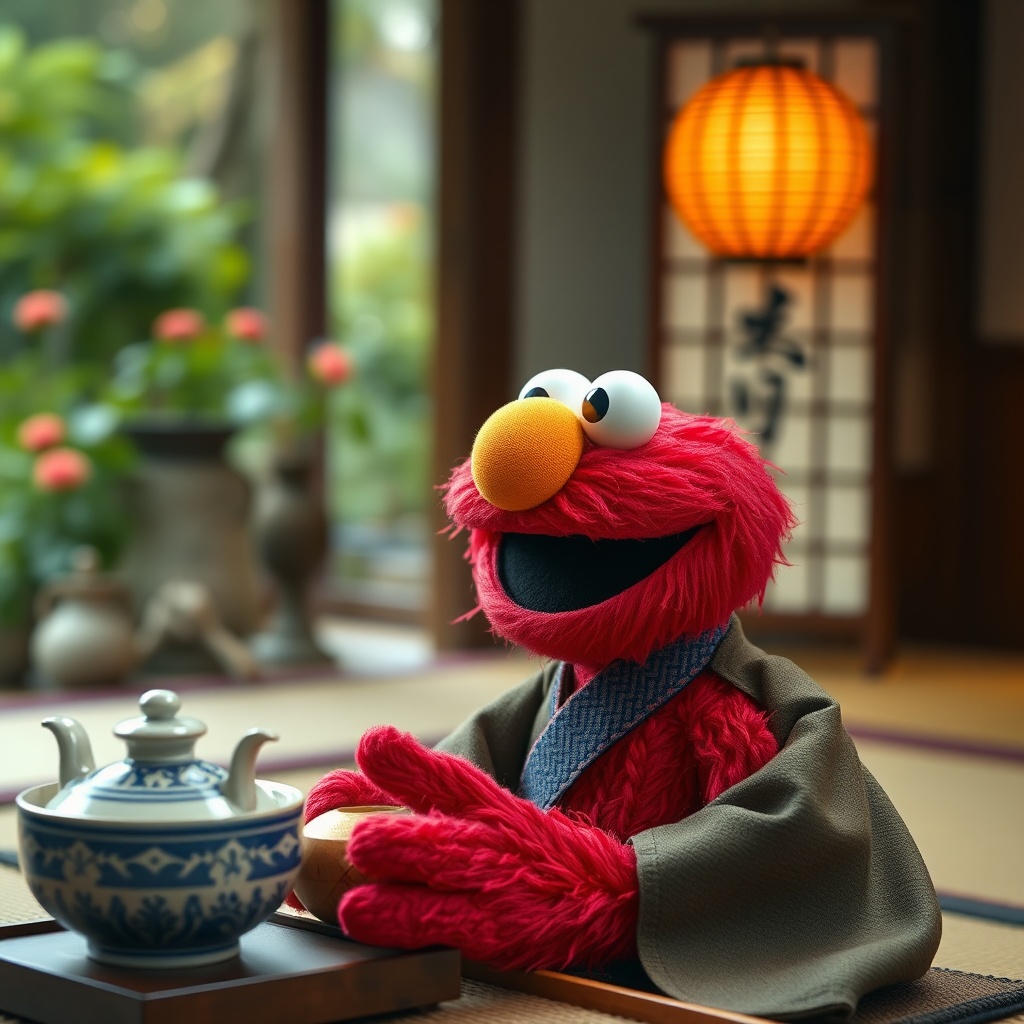 AI generated image by FLUX.1-schnell: portrait of Elmo from Sesame Street, in a tea ceremony in Japan