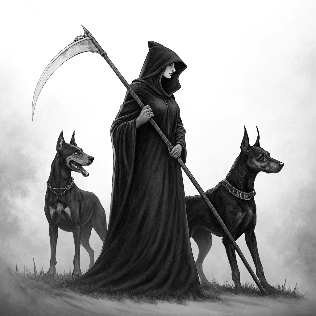 AI generated image by Red Panda AI: A mystical and dark female figure, partially covered by a black hooded cloak, . She holds an ancient scythe in a gloomy atmosphere, accompanied by two large, menacing guard dogs, with characteristics similar to Dobermans, with elegant and vigilant postures. The design is in black and white, with detailed strokes and engraving textures, evoking a gothic, esoteric and minimalist style. Empty background or with subtle shadows that intensify the feeling o