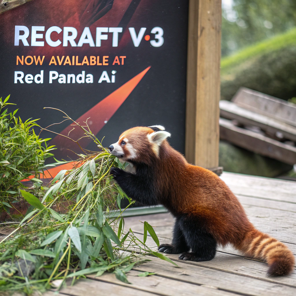 AI generated image by Red Panda AI: a red panda eating a bamboo in front of a poster that says "recraft V3 now available at red panda ai