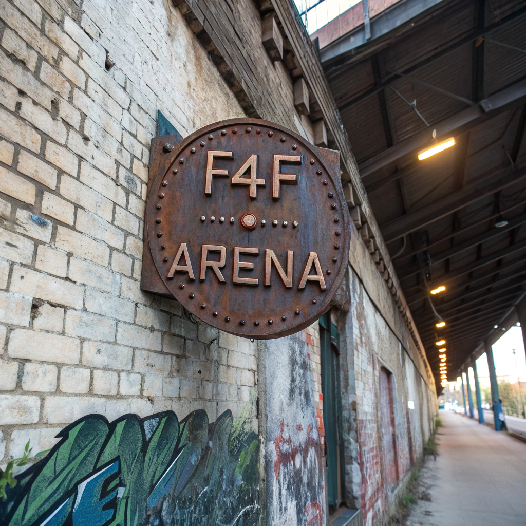 AI generated image by Red Panda AI: a rusted metal sign with the phrase "F4F Game Arena", affixed to a weathered brick wall, with intricate details of rust and corrosion, graffiti art elements intermingled, atmospheric lighting highlighting the textures, art style reminiscent of urban street art combined with video game aesthetics, 4K UHD image, trending on ArtStation and DeviantArt.