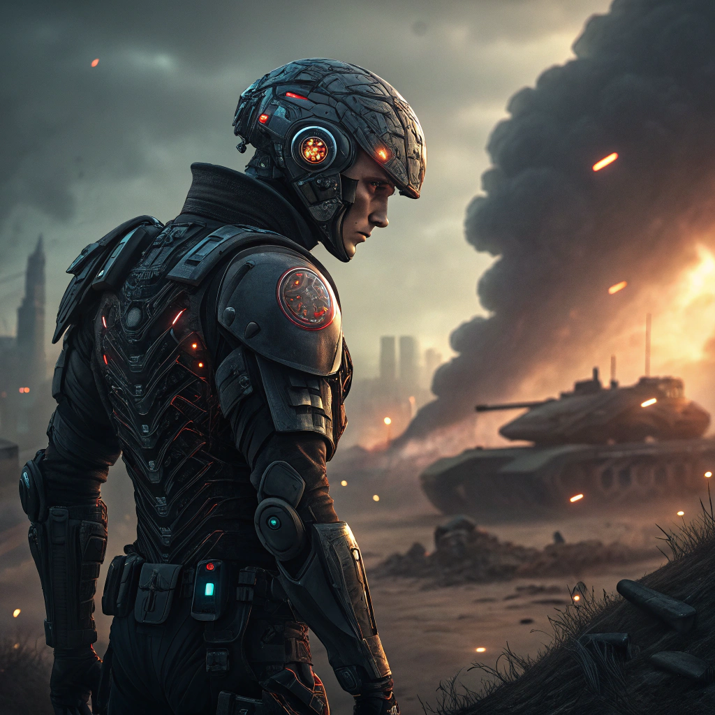 AI generated image by Red Panda AI: Personnage futuriste avec Cerveau apparent sur fond de guerre