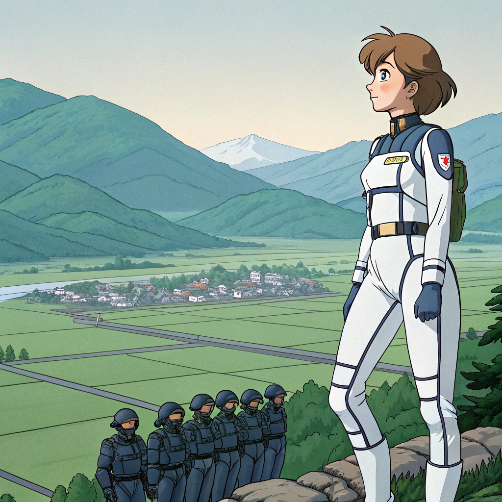 AI generated image by Red Panda AI: Early 90s anime style, flat and simplistic illustration, behind shot of a female sci-fi soldier in a sleek white skinsuit with metallic silver and dark blue accents, surrounded by a squad of solders. The girl is standing on a mountain ridge overlooking a rural japanese town surrounded by green fields.