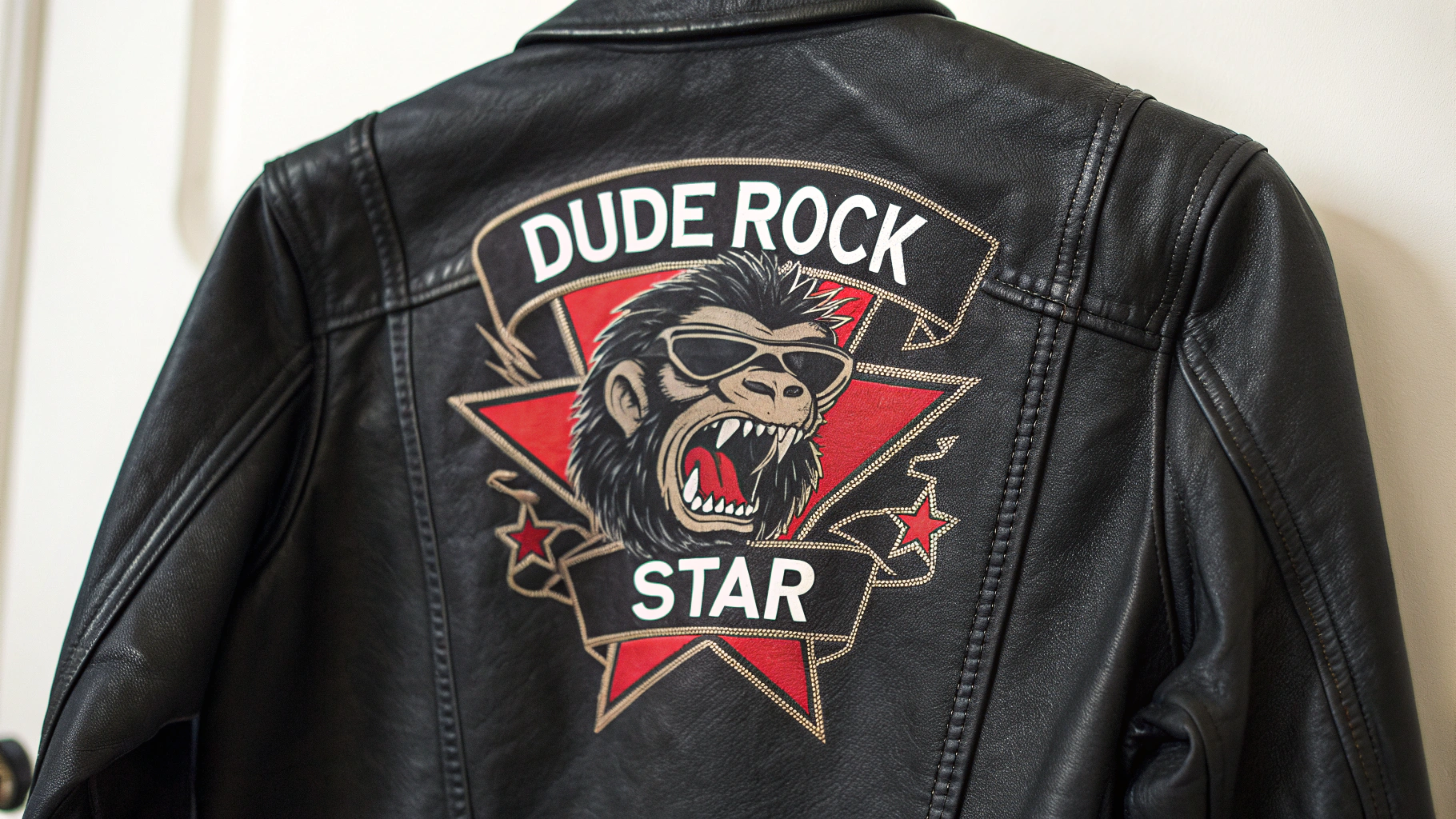 AI generated image by Red Panda AI: logo for the band "Dude Rock Star".  Needs to be rocking, metal, powerful, on a leather jacket, retro, wild monkey
