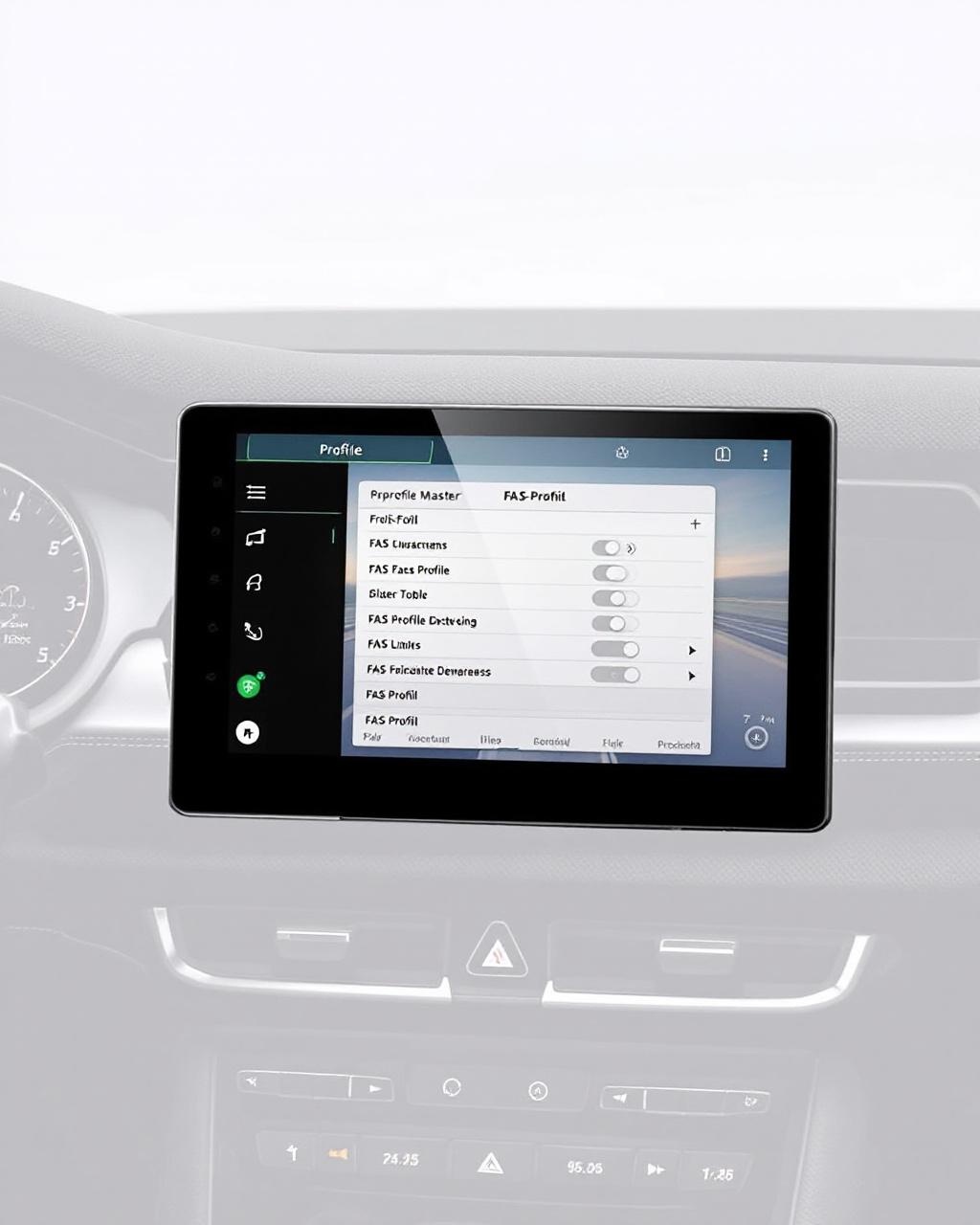 AI generated image by FLUX.1-pro: Die SW Funktion FAS Profile Master 2 werden in Audi, Porsche, Lamborghini und Bentleys verbaut (werden) im Modellbaukasten PPE 1.2. Der ProfileMaster ermöglicht dem Nutzer des Fahrzeugs sämtliche FAS Funktionen zu konfigurieren und diese in Profile abzuspeichern um sie als Schnellauswahl umschalten zu können. Die zunehmende Fülle von Fahrerassistenzsystemen und deren Konfigurierbarkeit erfordert eine stärkere Bündelung, um das Einstellen dieser FAS-Funktionen für den Kunden zu vereinfachen. Zu den Einstellmöglichkeiten gehört das Ein-und Ausschalten von FAS-Funktionen, sowie das Konfigurieren von Funktionsparametern (z.B. Schwellen, Limits).

Das Zusammenfassen mehrerer FAS-Funktionen zu einer Konfiguration wird als FAS-Profil bezeichnet. Die Konfigurationen der FAS-Profile werden zentral vom FAS-Profile Master 2.0 Fahrzeugnutzerkonten-abhängig gespeichert
Ich stelle mir ein stilisiertes Fahrzeugcockpit (passend zu den Marken) vor, mit dem HMI Modul im Vordergrund und der Profilauswahl. Es soll eine Zeichnung mit weichem Bleistift darstellen und die Cockpit und MMI Elemente sind nur angedeutet.